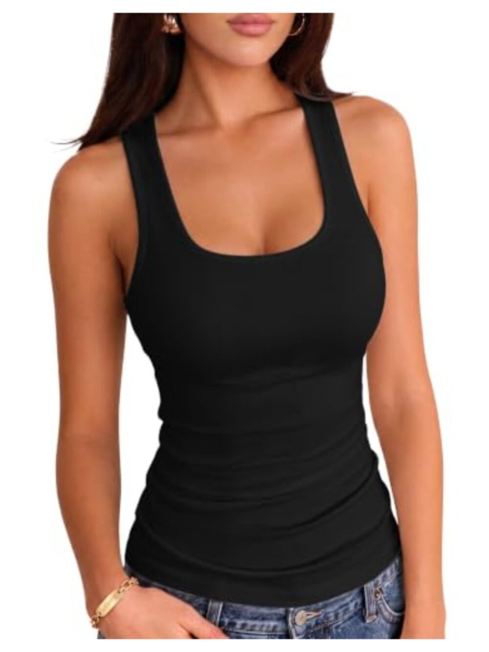 Women's Slim Fitted Square Neck Ribbed Knit Tank Top Summer Casual